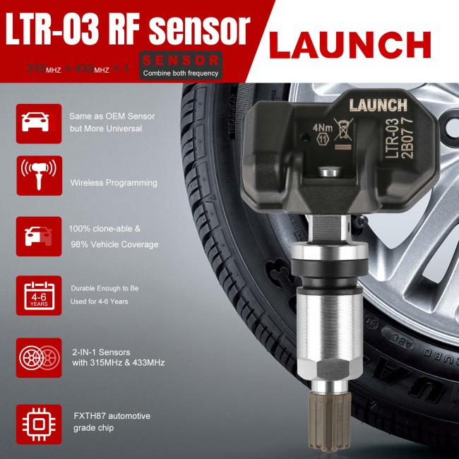 Launch LTR-03 RF Sensor 315MHz/ 433MHz 2 in 1 Universal & Programmable TPMS Sensor Metal & Rubber